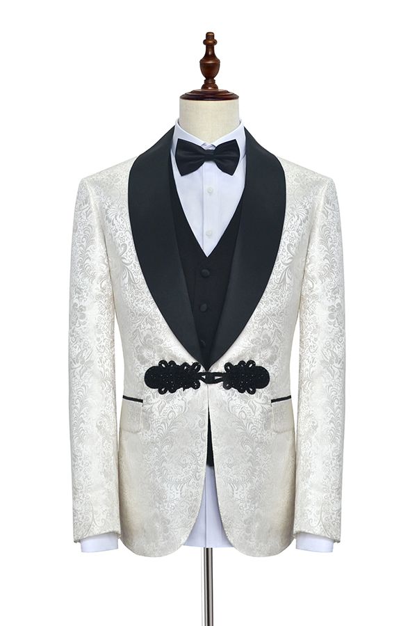 Custom design Knitted Button Black Shawl Lapel Three Piece White Jacquard Wedding Tuxedo for Men-showprettydress