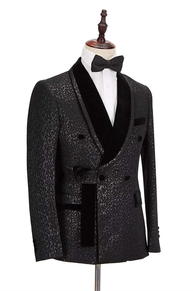 Custom design Velvet Lapel Double Breasted Prom Suit Belt Leopard Black Jacquard Men Suit for Wedding-showprettydress