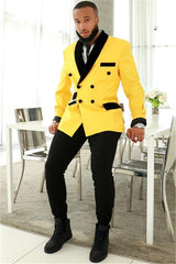 Custom design Yellow Double Breasted Slim Fit Mens Suits with Black Shawl-showprettydress
