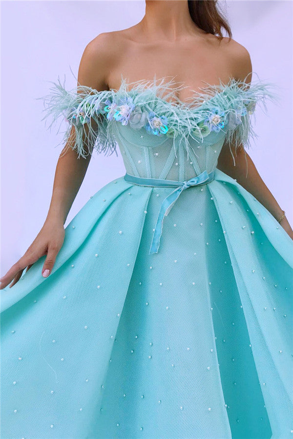 Cute Feather Tulle Long Off-the-Shoulder Sleeveless Prom Party Gowns with Pearls-showprettydress