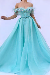 Cute Feather Tulle Long Off-the-Shoulder Sleeveless Prom Party Gowns with Pearls-showprettydress