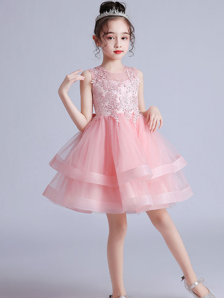 Cute Jewel Neck Sleeveless Embroidered Kids Party flower girl dresses