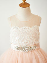 Cute Jewel Neck Tulle Sleeveless Short Princess Sash Kids Party Dresses-showprettydress
