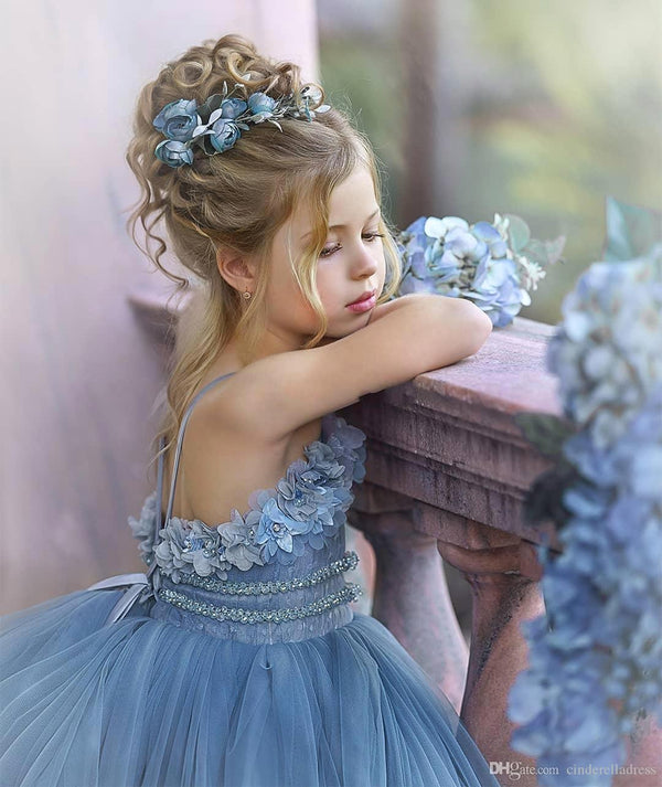 Cute Long Dusty Blue Ball Gown Strapless Princess Flower Girl Dresses-showprettydress