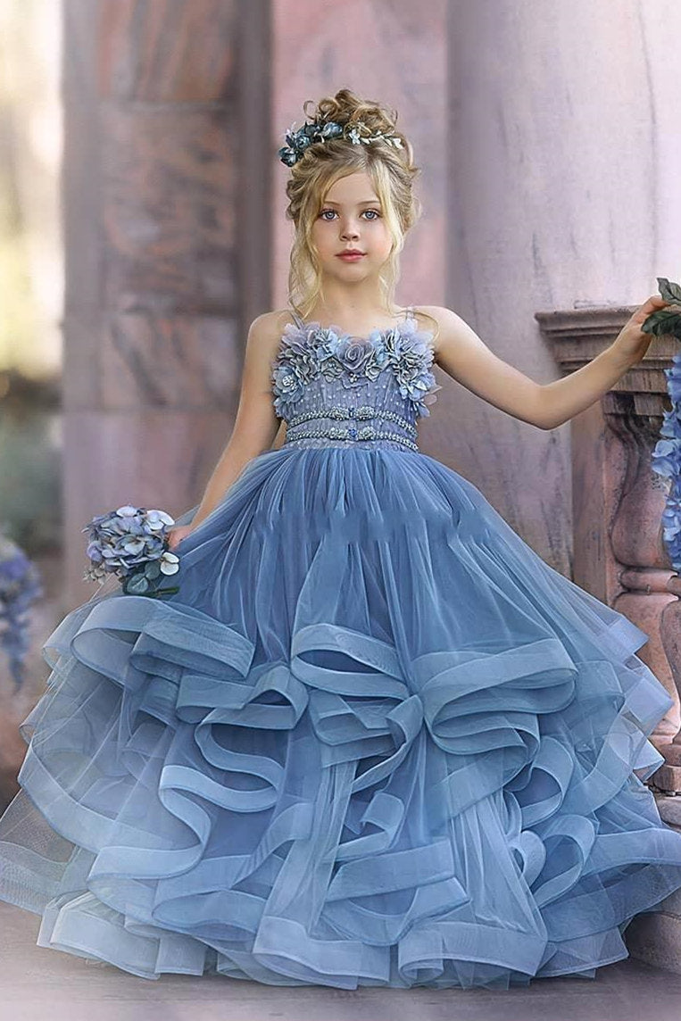 Cute Long Dusty Blue Ball Gown Strapless Princess Flower Girl Dresses-showprettydress