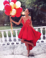 Cute Red High-low A-line Lace V-neck Homecoming Dress-showprettydress