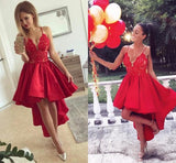 Cute Red High-low A-line Lace V-neck Homecoming Dress-showprettydress
