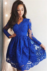 Cute Royal Blue Lace Long Sleeves Homecoming Dress Short Hoco Dresses-showprettydress