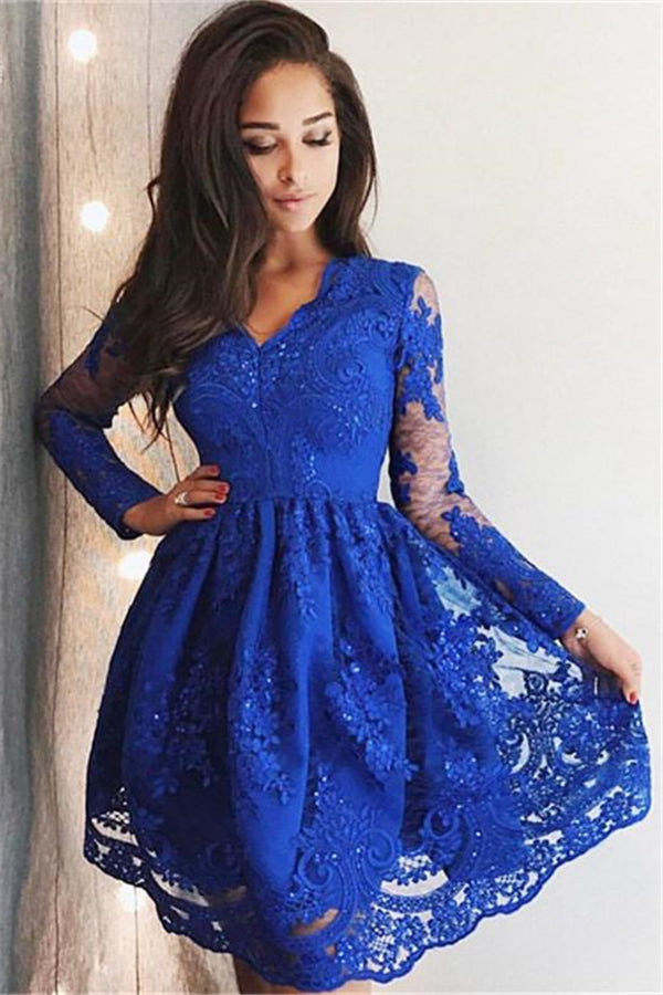 Cute Royal Blue Lace Long Sleeves Homecoming Dress Short Hoco Dresses-showprettydress