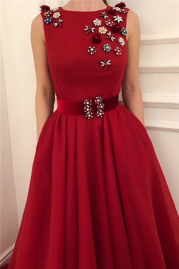 Cute Satin A Line Fowers Red Prom Party Gowns with Dragonfly Chic Scoop Sleeveless Long Prom Party Gowns with Sash-showprettydress