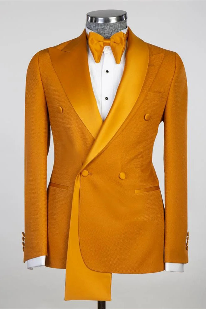 Orange Peaked Lapel Two-Layer Satin Double-Breasted Men's Suit