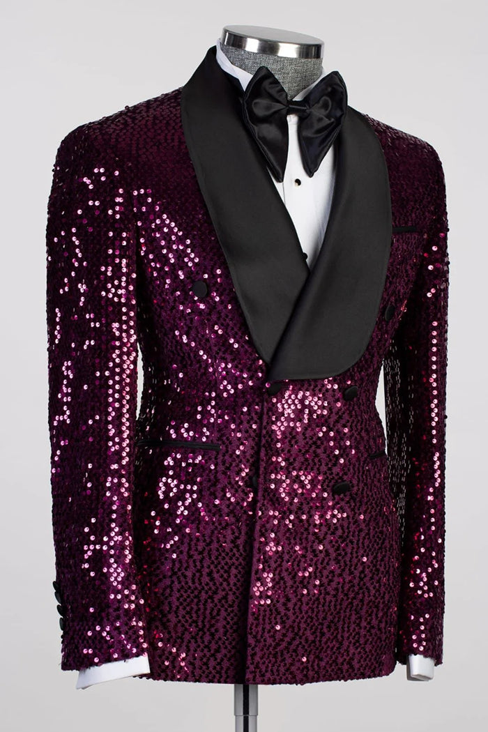 Grape Sequin Shawl Lapel Double-Breasted Prom Suit