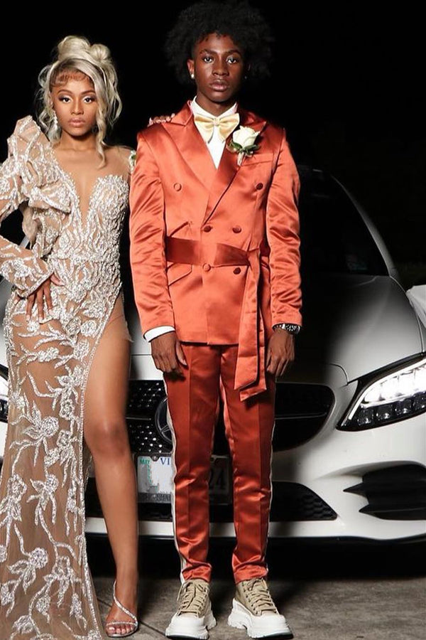 Caramel Peaked Lapel Double-Breasted Prom Suit with Belt