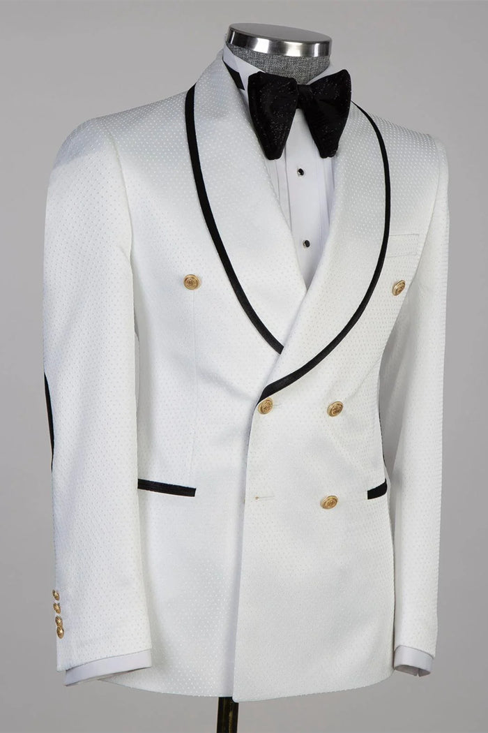 Golden Button White Wedding Suit with Black Edge