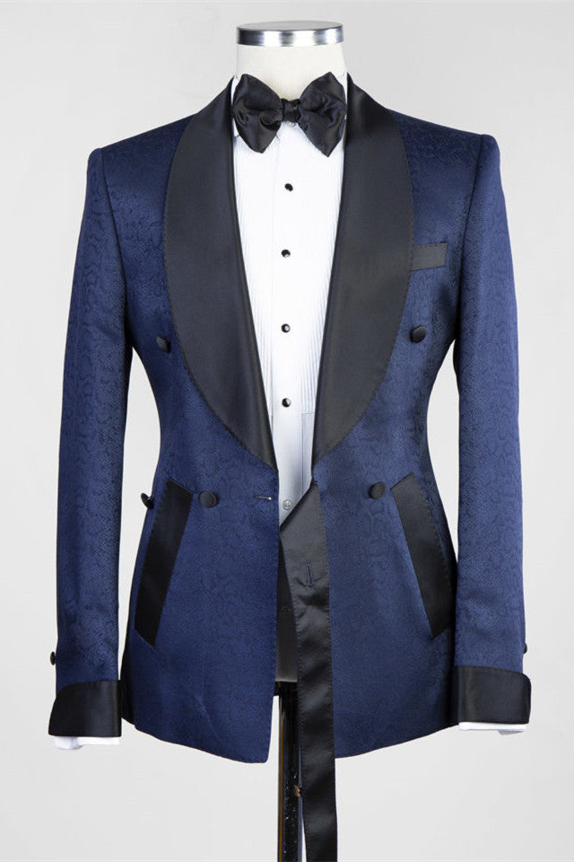 Dark Blue Jacquard Shawl Lapel Wedding Men Suits-showprettydress