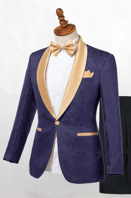Dark Blue Jacquard Shawl Lapel Wedding Suits-showprettydress