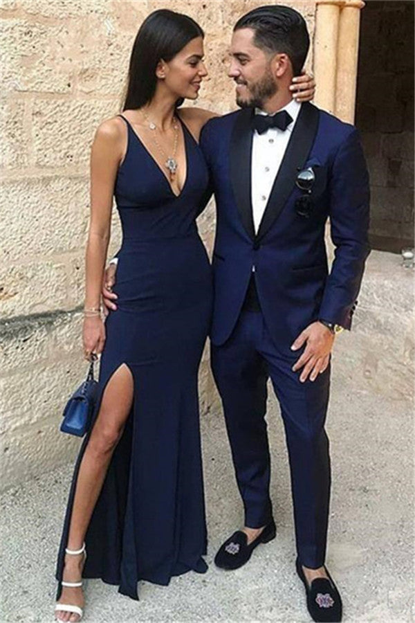 blue and black dress man Dark One Button Two-Piece Men's Prom Suits with Lapel night life