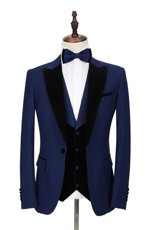 Dark Blue Peak Lapel Men Wedding Suit Velvet Lapel Formal Suit-showprettydress