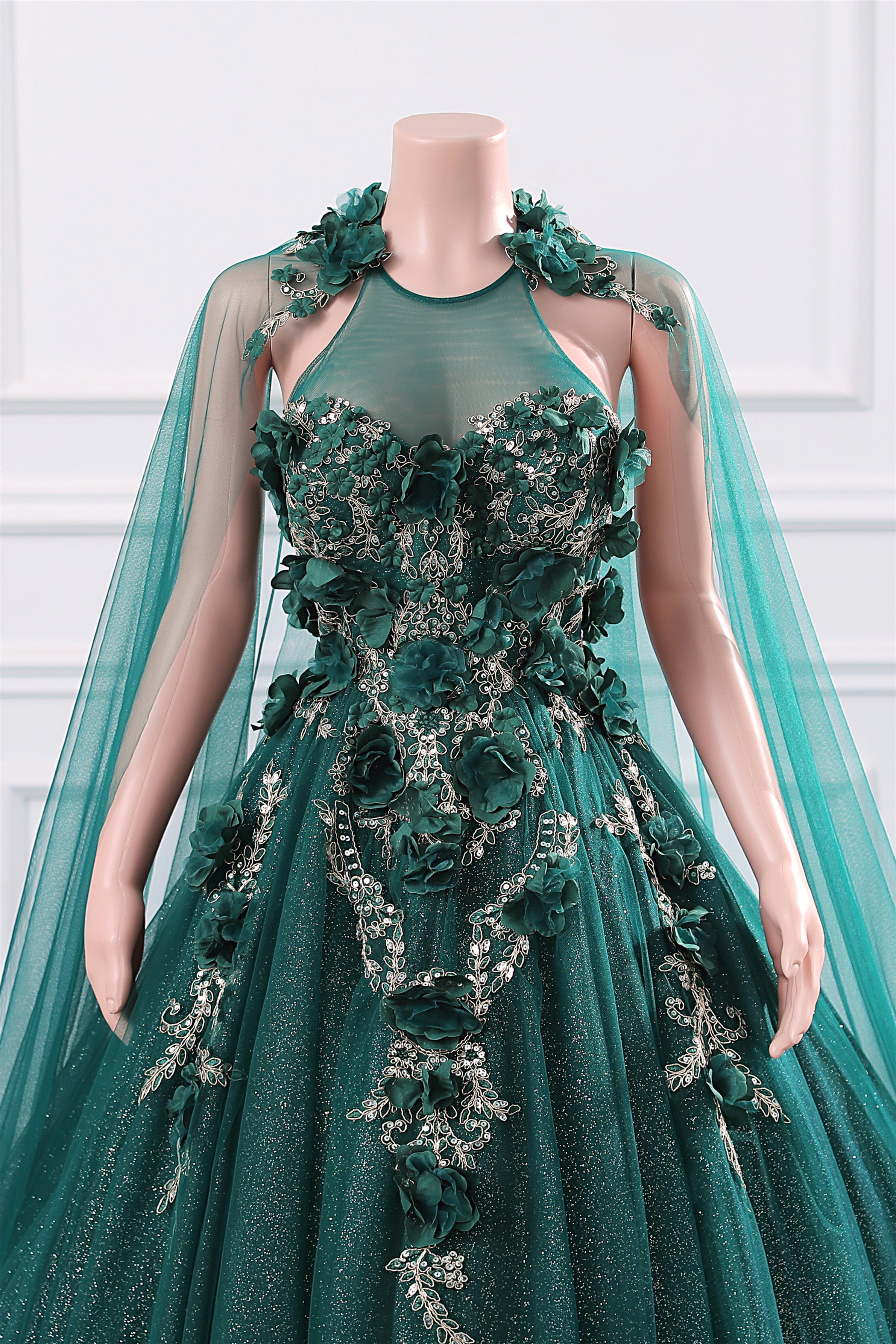 Dark Green Appliques Beaded Flowers Ball Gown Qunice Dresses-showprettydress
