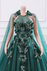 Dark Green Appliques Beaded Flowers Ball Gown Qunice Dresses-showprettydress
