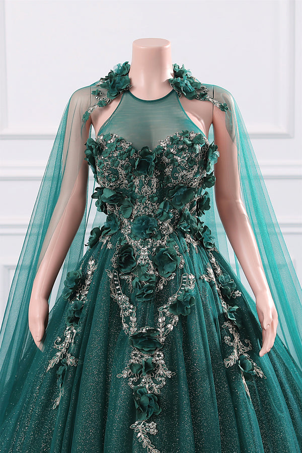 Dark Green Appliques Beaded Flowers Ball Gown Qunice Dresses-showprettydress
