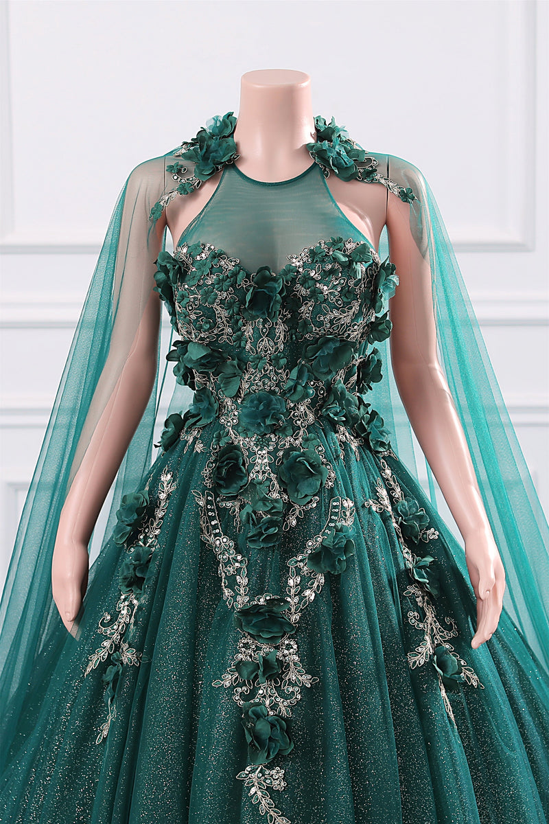 Dark Green Appliques Beaded Flowers Ball Gown Qunice Dresses-showprettydress