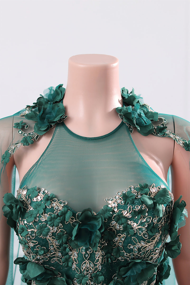 Dark Green Appliques Beaded Flowers Ball Gown Qunice Dresses-showprettydress