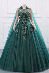 Dark Green Appliques Beaded Flowers Ball Gown Qunice Dresses-showprettydress