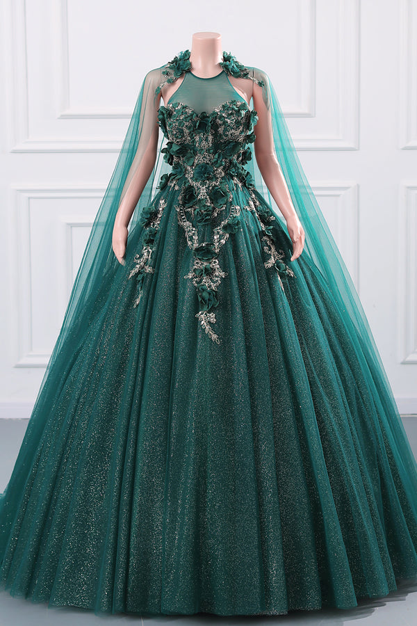 Dark Green Appliques Beaded Flowers Ball Gown Qunice Dresses-showprettydress