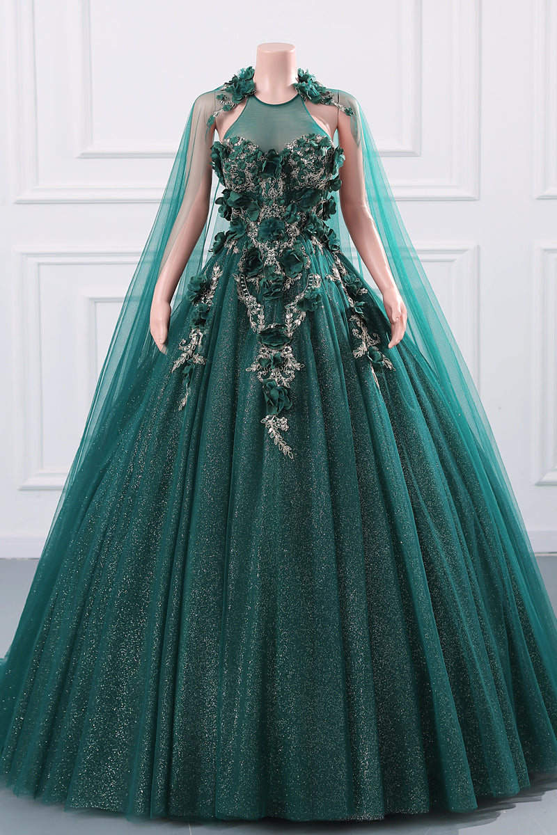 Dark Green Appliques Beaded Flowers Ball Gown Qunice Dresses-showprettydress