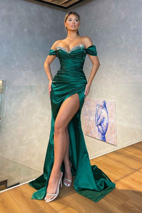 Dark Green Long Mermaid Off-the-shoulder Sparkle Beaded Prom Dress with Slit-showprettydress