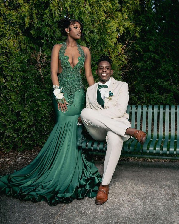 Dark Green Long Mermaid Sleeveless Beading Prom Dresses With Lace-showprettydress