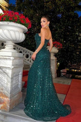Dark Green Long Mermaid Spaghetti Straps Sparkly Prom Dresses With Slit-showprettydress
