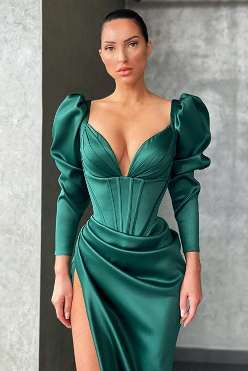 Dark green Long Mermaid V-neck High Split Prom Dress with Bubble Sleeves-showprettydress