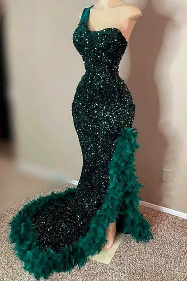Dark Green Long One shoulder Split Ruffles High Split Prom Dresses-showprettydress