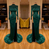 Dark Green Long Sleeves Evening Gowns Mermaid Prom Dress With Slit-showprettydress