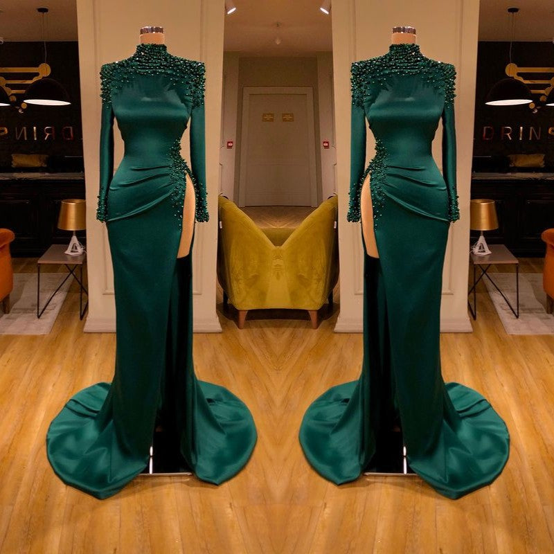 Dark Green Long Sleeves Evening Gowns Mermaid Prom Dress With Slit-showprettydress