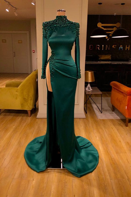 Dark Green Long Sleeves Evening Gowns Mermaid Prom Dress With Slit-showprettydress