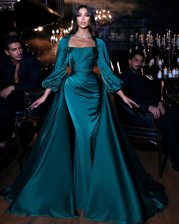 Dark Green Long sleeves Floor length Mermaid Prom Dress with Detachable Train-showprettydress