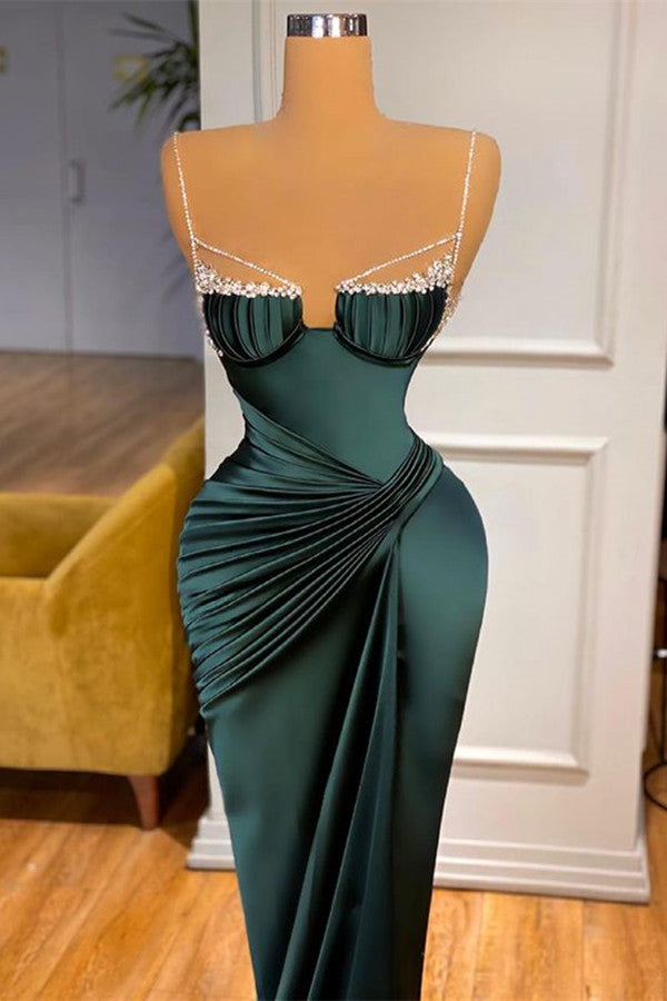 Dark Green Long Spaghetti-Straps Mermaid Prom Dress With Beadings-showprettydress
