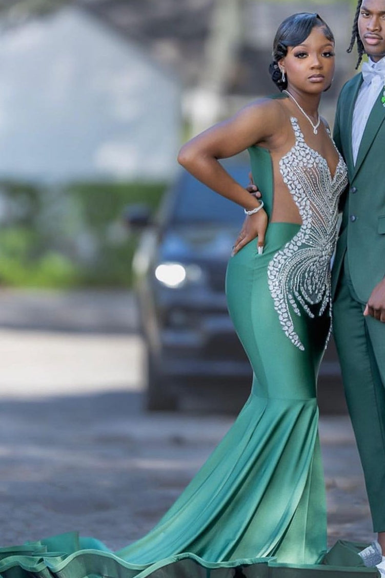 Dark Green Mermaid Floor length Prom Dresses with Silver Beads-showprettydress