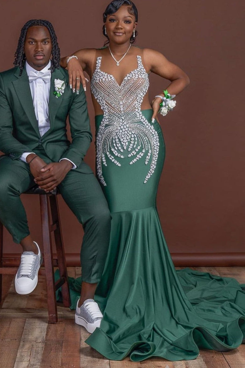 Dark Green Mermaid Floor length Prom Dresses with Silver Beads-showprettydress