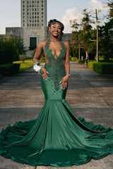 Dark Green Mermaid Sleeveless Beading Long Prom Dress With Lace-showprettydress