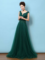 Dark Green Notched Neckline Tulle Evening Dress Backless Mother's Dress-showprettydress