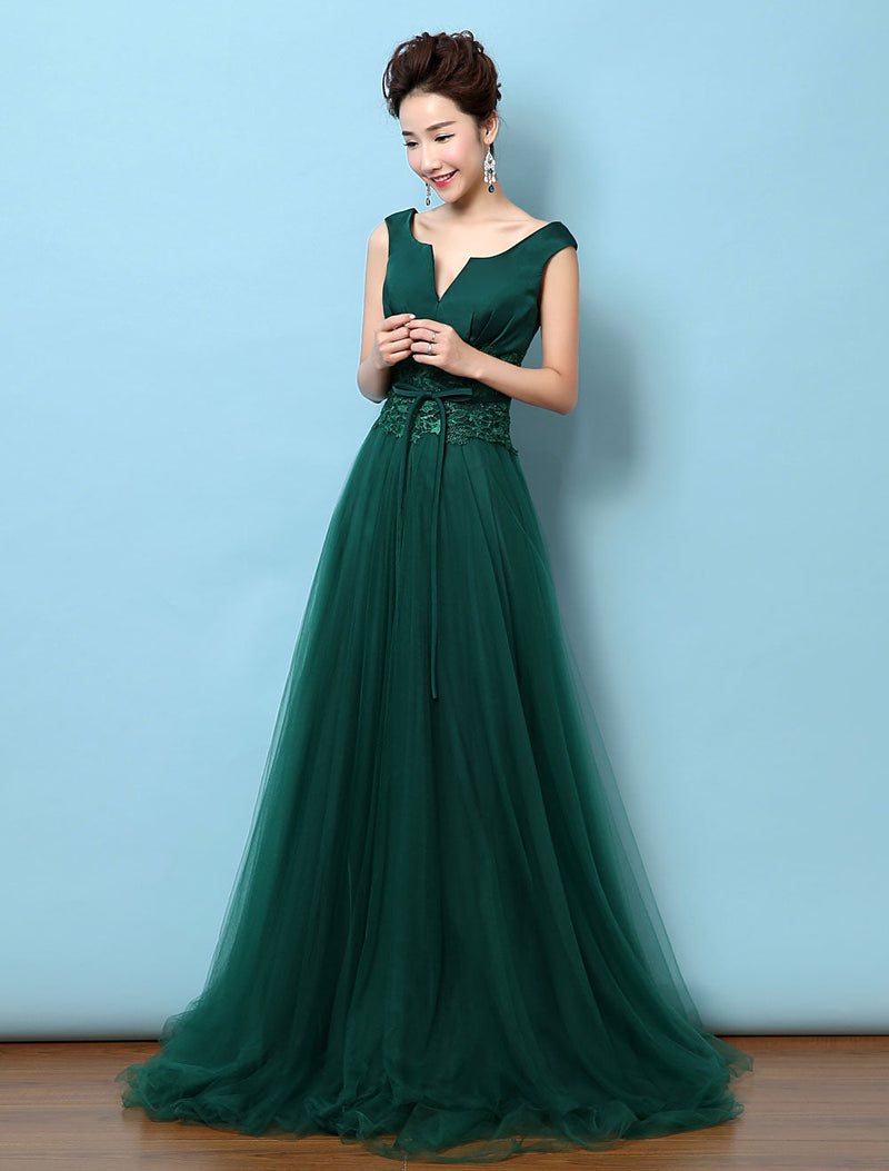 Dark Green Notched Neckline Tulle Evening Dress Backless Mother's Dress-showprettydress