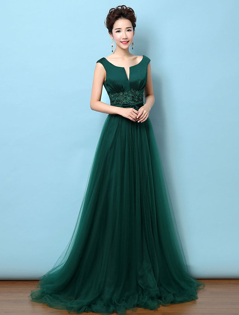 Dark Green Notched Neckline Tulle Evening Dress Backless Mother's Dress-showprettydress