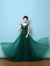 Dark Green Notched Neckline Tulle Evening Dress Backless Mother's Dress-showprettydress