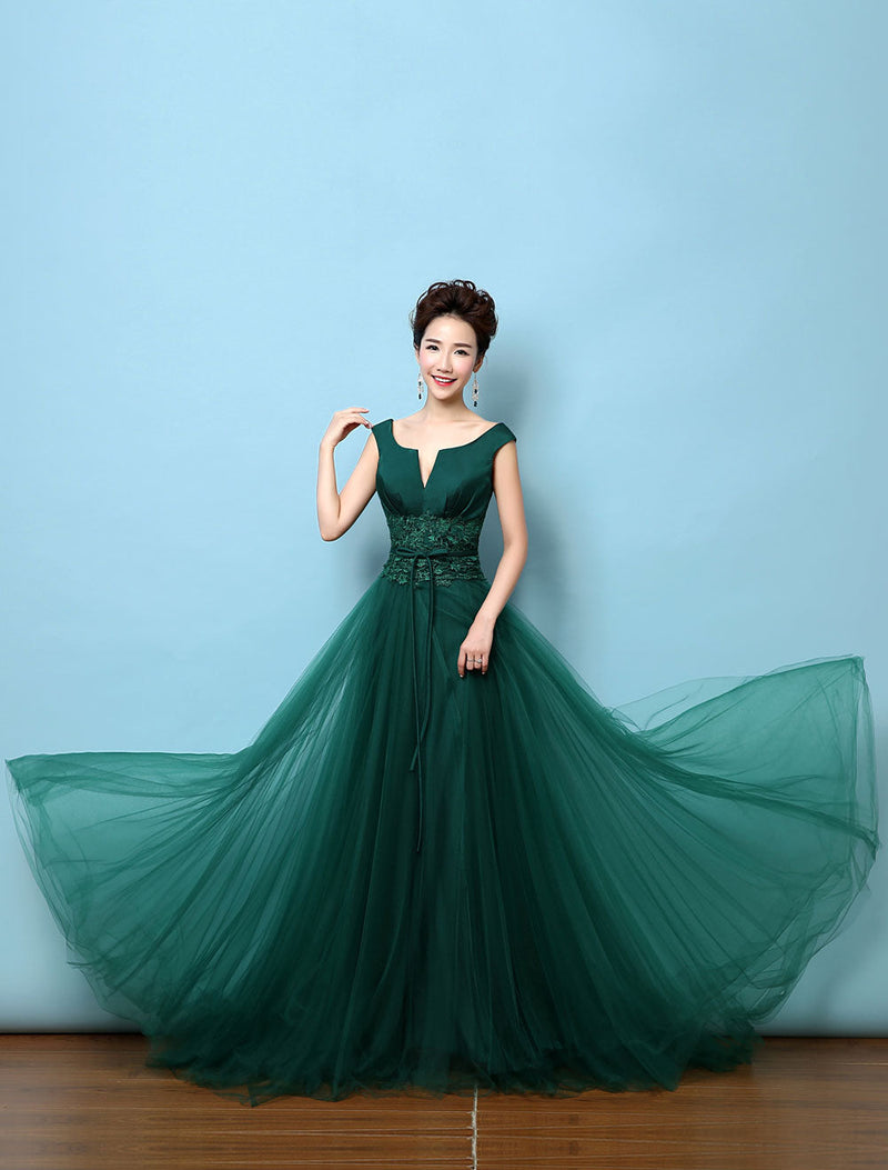 Dark Green Notched Neckline Tulle Evening Dress Backless Mother's Dress-showprettydress