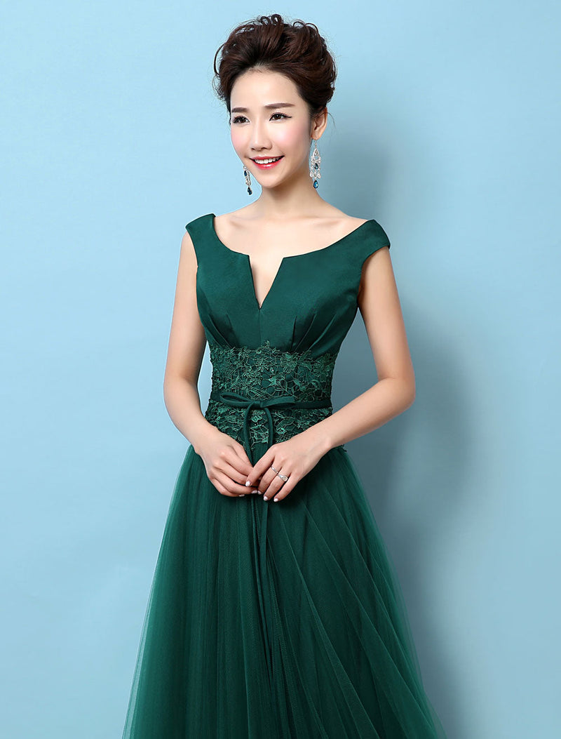 Dark Green Notched Neckline Tulle Evening Dress Backless Mother's Dress-showprettydress