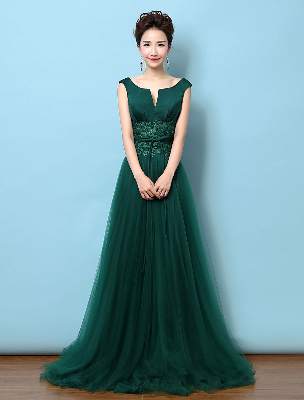 Dark Green Notched Neckline Tulle Evening Dress Backless Mother's Dress-showprettydress